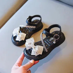 Girls Rhinestone Bow Sandals 2023 Summer New Children's Soft Bottom Wedding Shows Princess Shoes Open-toe Party Shoes H92