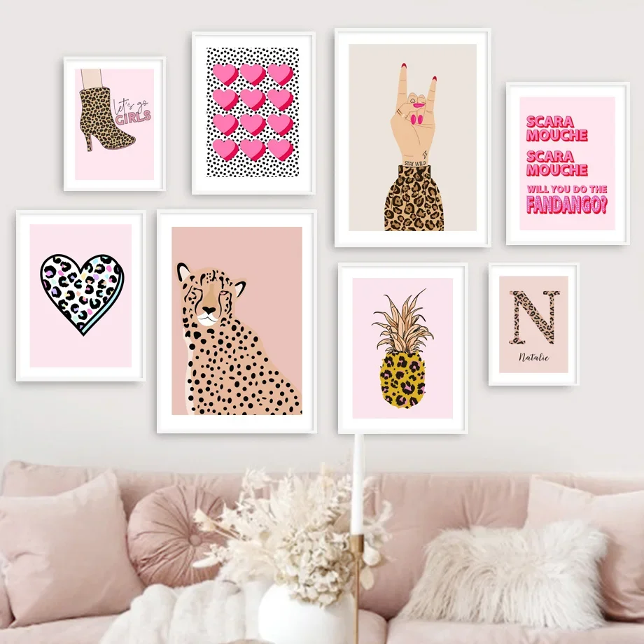 Nordic Abstract Wall Art Pink Leopard Pineapple Girl Heart Gesture Name HD Canvas Poster Print Home Bedroom Living Room Decor