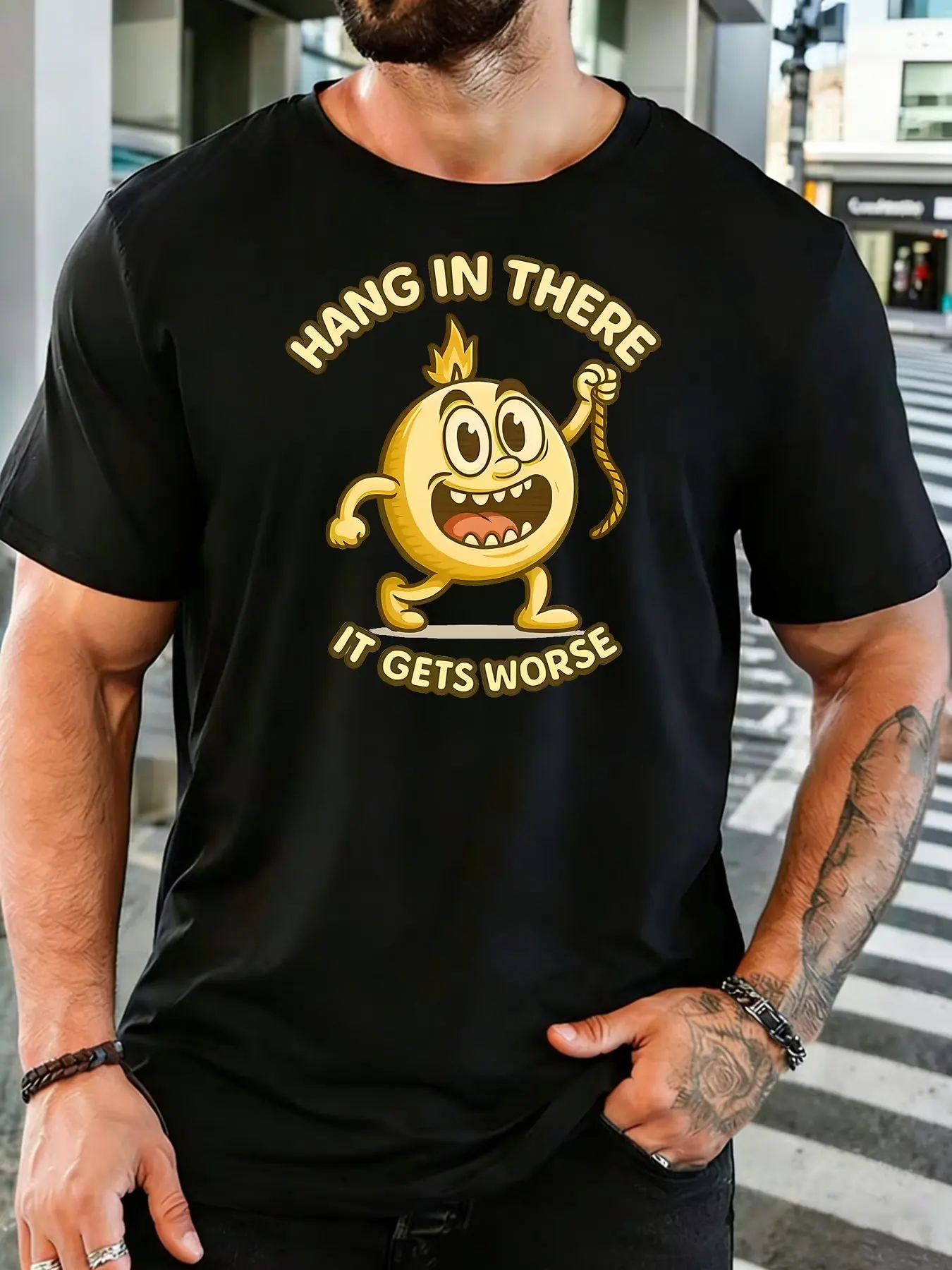 Men Dark Gray Crew Neck Tee Hang In There It Gets Worse Cartoon Yellow Flame Head Character Funny Sarcasm Soft Cotton Casual Top