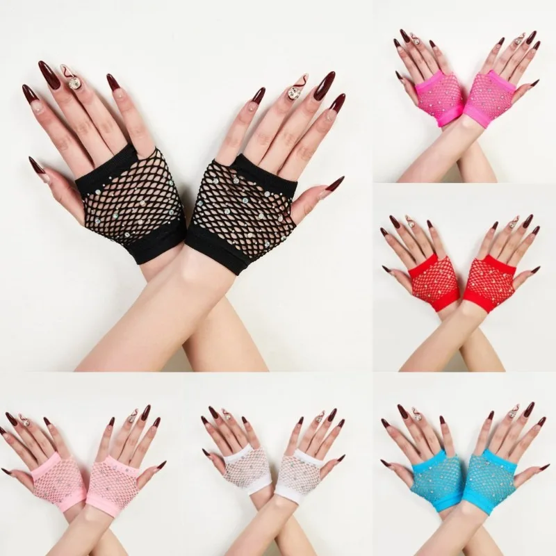Shiny Rhinestone Decor Hollowed-out Fishnet Fingerless Short Gloves Female Sexy Lace Gloves for Cosplay Party Performance Dance