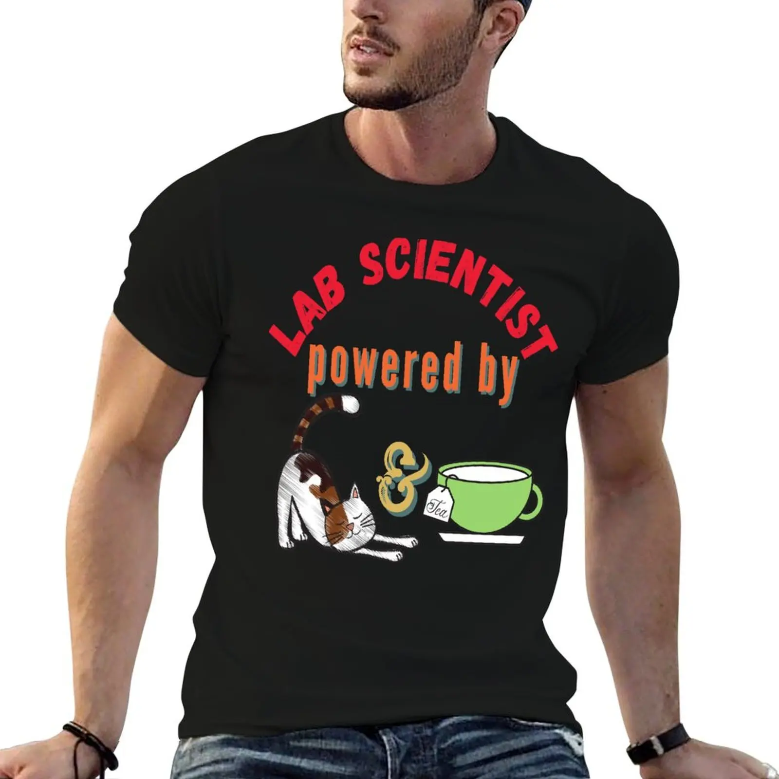 

LAB SCIENTIST POWERED BY CATS AND TEA FUNNY MEDICAL LABORATORY SCIENTIST T-Shirt men t shirt cotton 100% T-Shirt