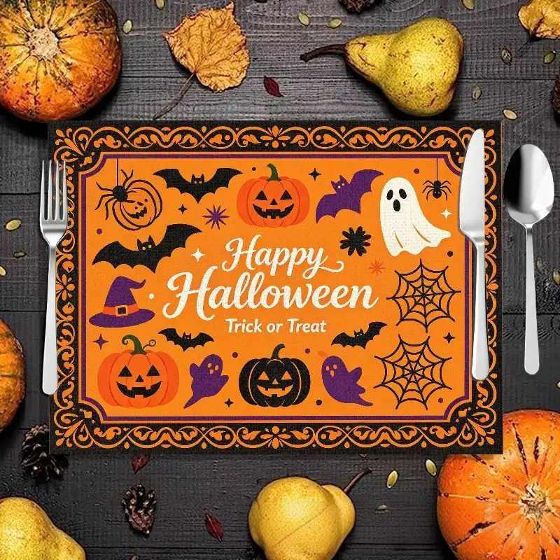 VIKAMA 2/4/6PCS Halloween Meal Mat, Pumpkin Ghost Bat Black Cat Castle Skeleton Table Mat, Absorbent Non slip Table Decoration