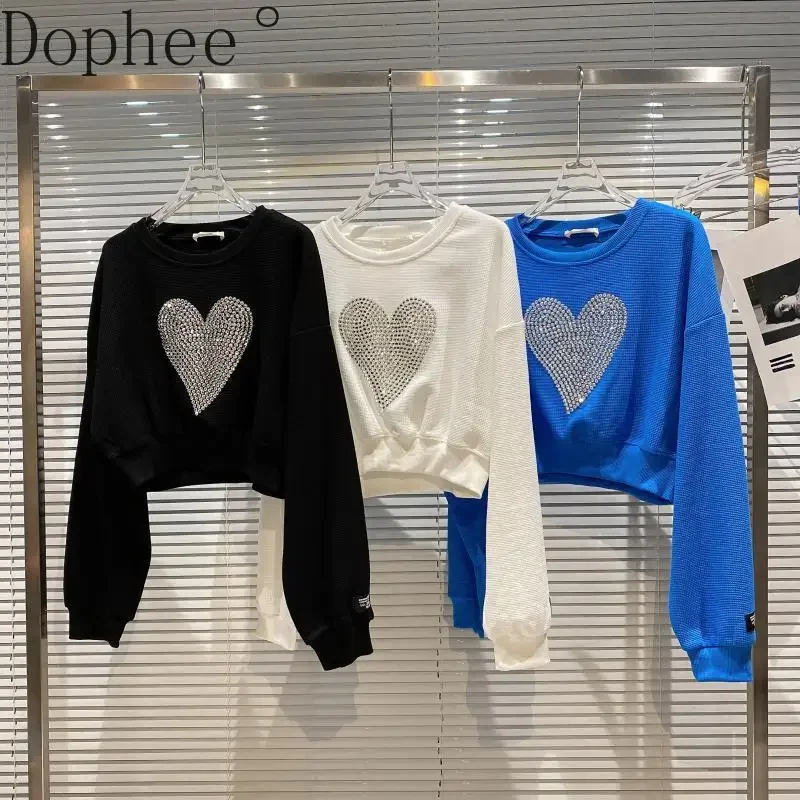 New Spring Love Rhinestone Beads Women Hoodie Pullover Top All-match Round Neck Elegant Full Sleeve Diamonds Short Sweatshirt