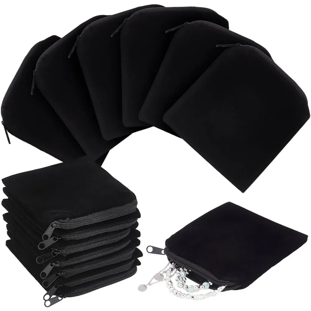 25pcs Velvet Jewelry Bags 4.1x4.6Inch Black Jewelry Pouches with Alloy Zipper Square Coin Purse Jewelry Storage Bags