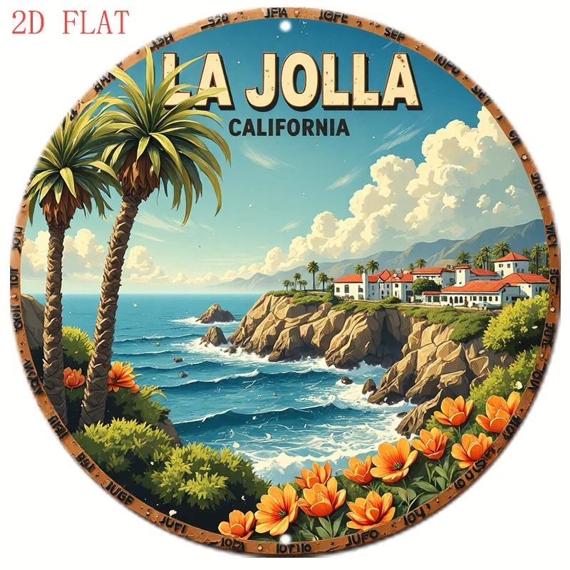 2D Flat - 1pc 8-Inch La Jolla California Coastal Scenery Round Metal Wall Art Sign - Vibrant Palm Trees, Orange Flowers, Azure O