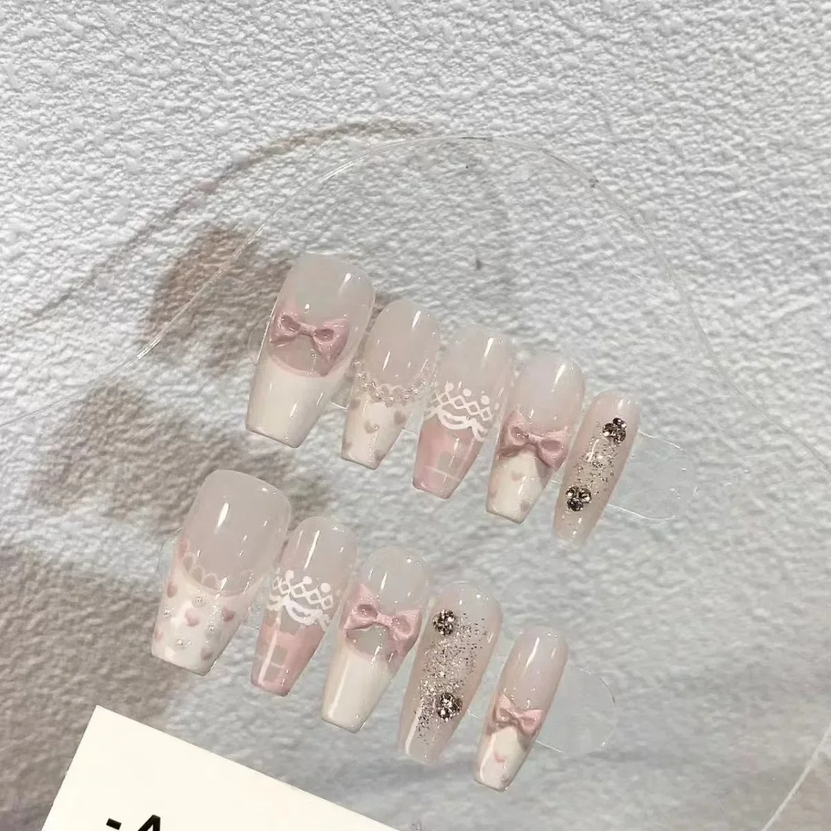 Handmade Wear-resistant Removable Nails Reusable Autumn and Winter Sweet and Sexy Pink Lace Bow Simple Solid Color False Nails