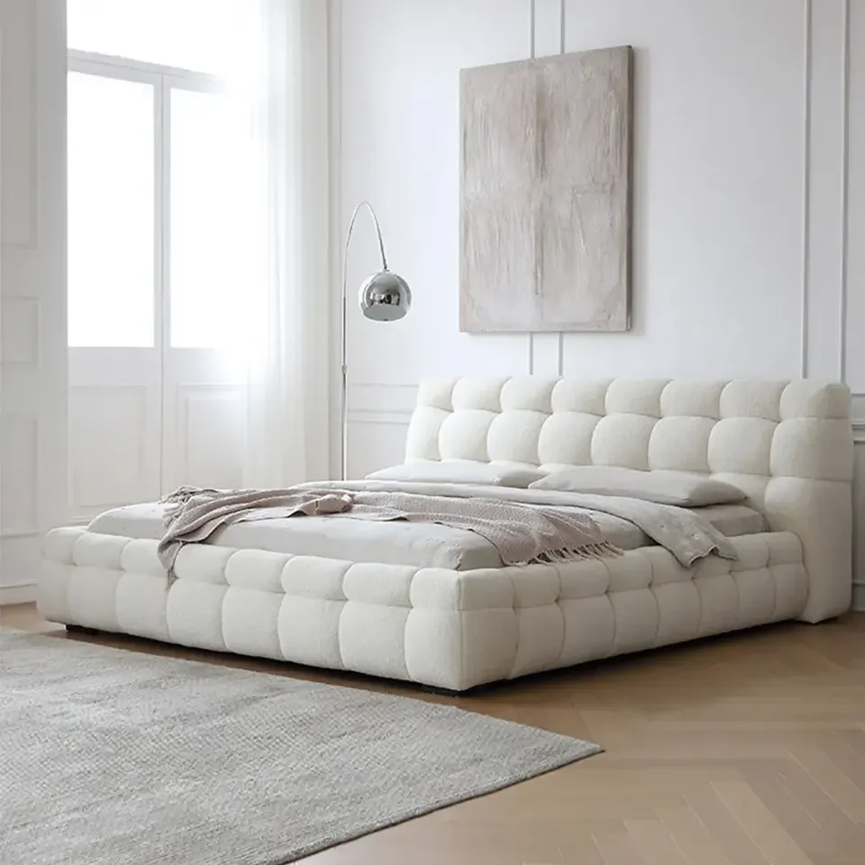 Cama matrimonial king size italiana moderna, tapizada en suave tela de roble, estilo Marshmallow, en oferta.