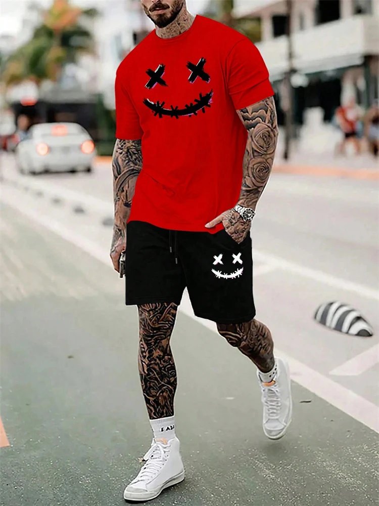 Men's Fashion Fun Printed Short-sleeved T-shirt Street Casual Drawstring Shorts 2-piece Summer Men's Model Street Shoot Set