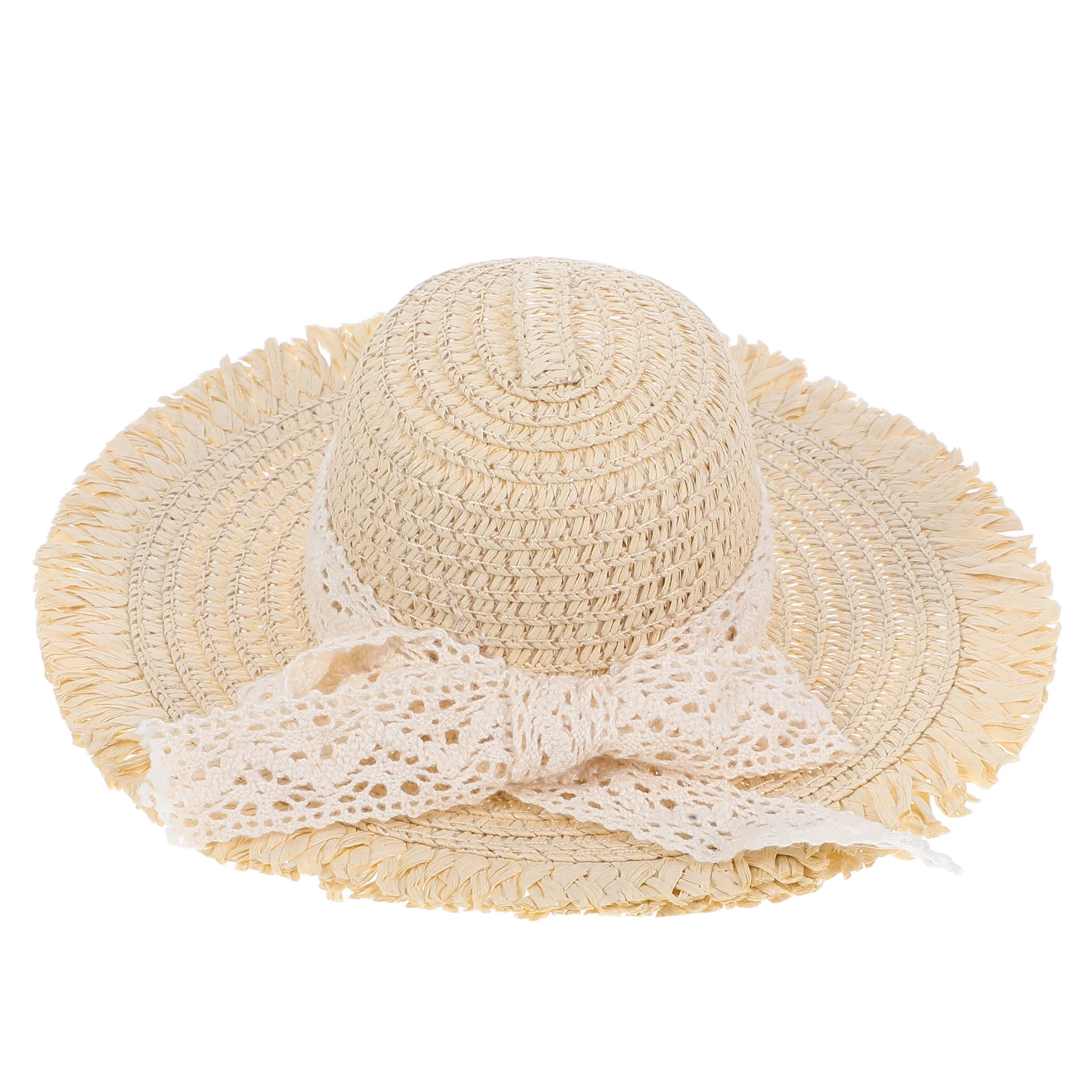 

Miniature Straw Hat Beige Lace Strap Cute Natural Woven Craft Accessory Party Decoration Dollhouse Display Miniature Hats