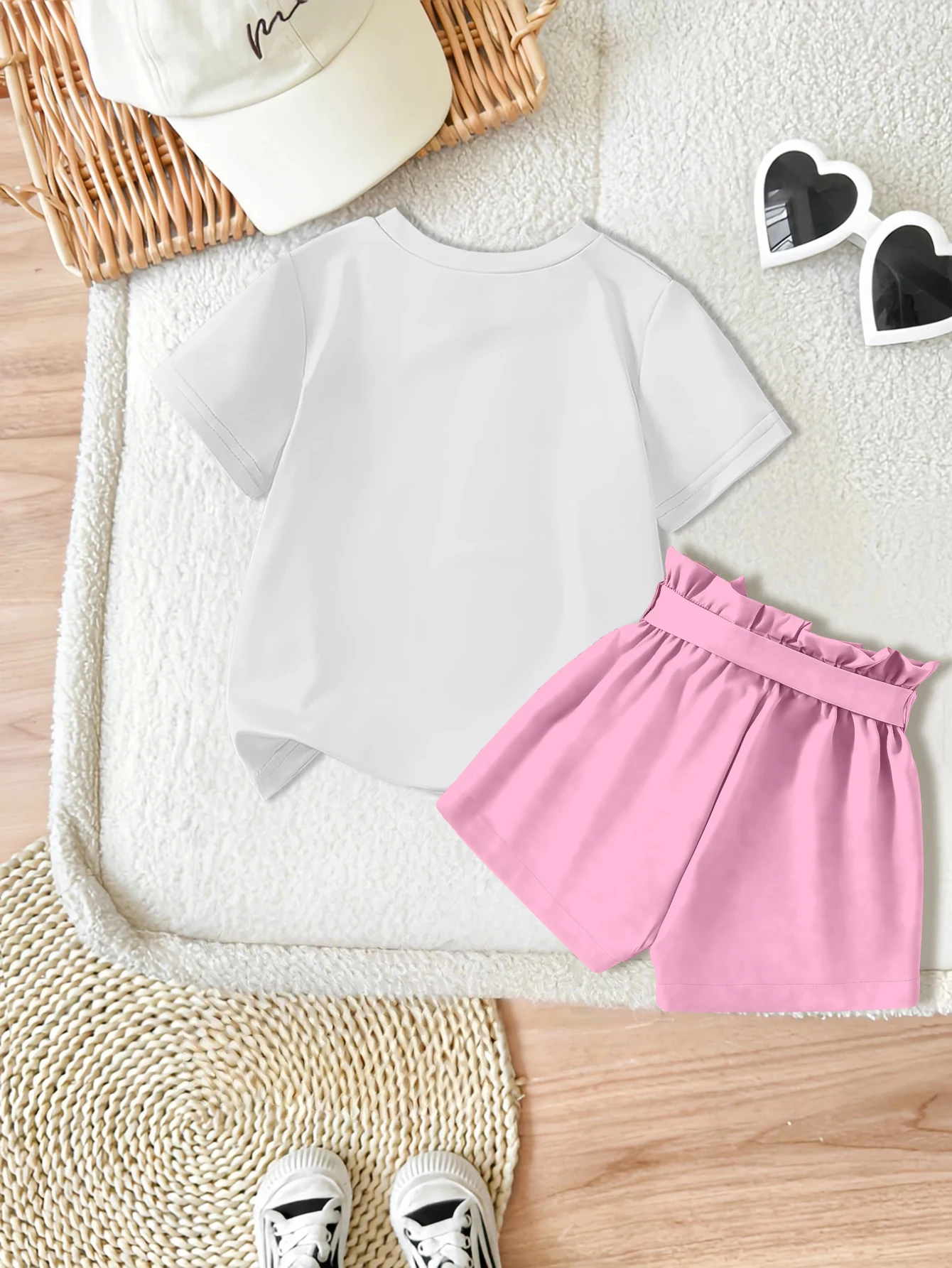 2 pieces: Girls' Summer Cute Set T-shirt & Woven Bow Shorts Little White Cat Print