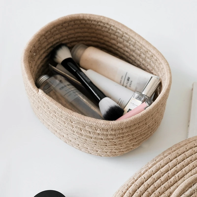 Hộp đựng hình bầu dục dệt có nắp bằng dây cotton Tổ chức đồ lặt vặt Phụ kiện trang điểm Son môi Tổ chức lông mày