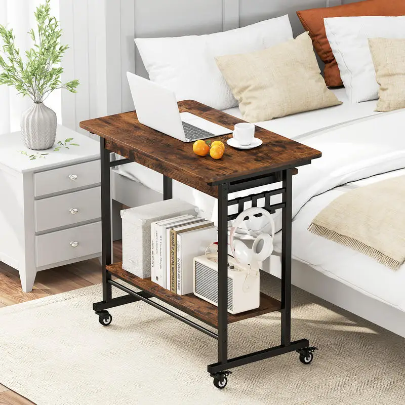 Rolling Laptop Table with Pull-out Keyboard Tray and Hooks-Rustic Brown