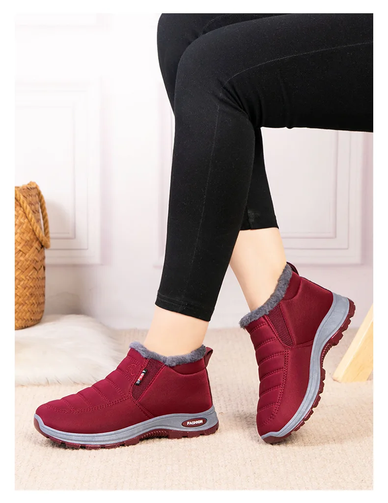 Damen Winter Fleece-gefütterte Slip-On Schneestiefel Wasserdichter Stoff Rutschfeste Robuste Sohle Warme Knöchelhohe Outdoor-Wanderstiefel – Detail 8