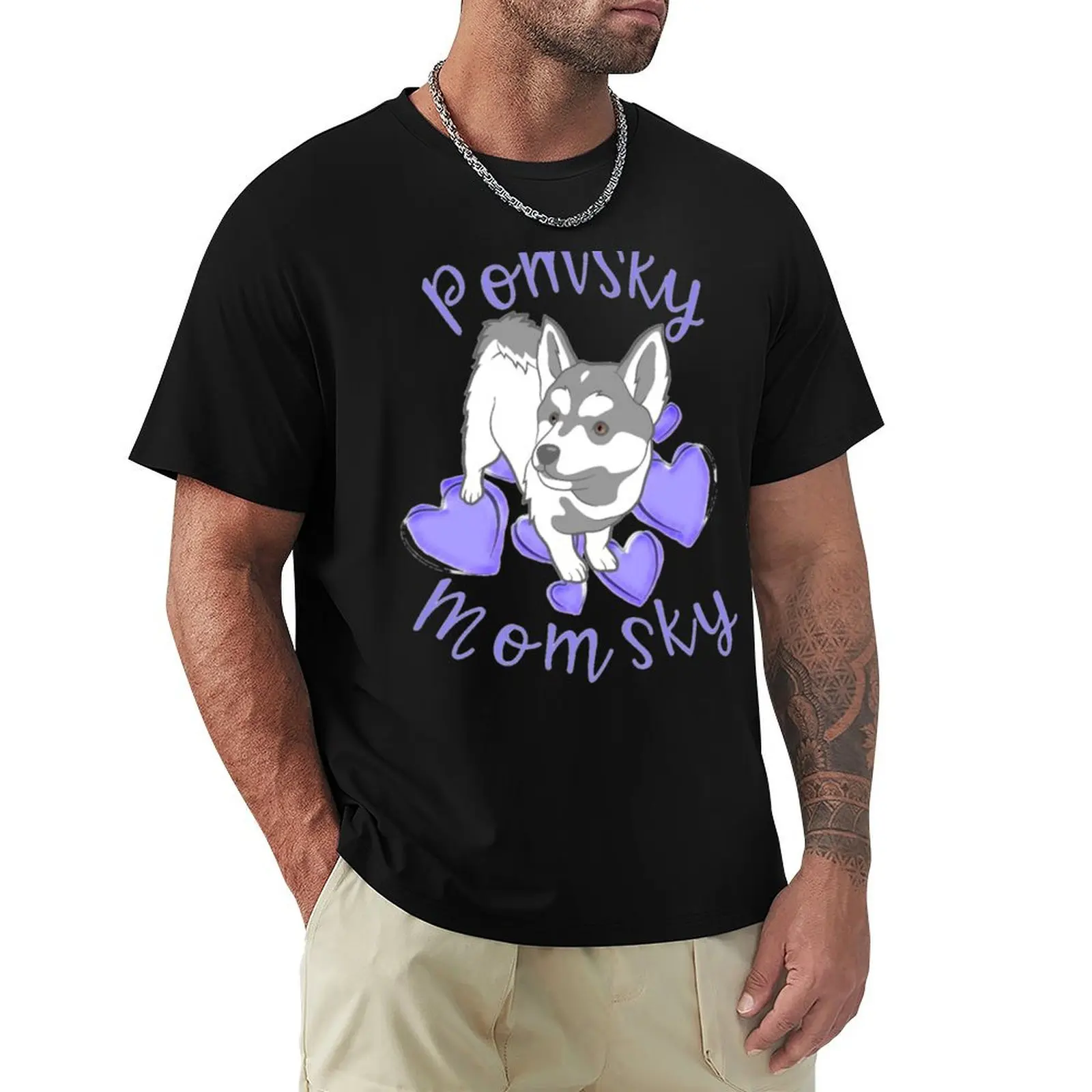Camiseta Básica Casual de Manga Corta de Algodón con Estampado de Corazones Morados y Diseño de Mamá Pomsky, Gris y Blanco