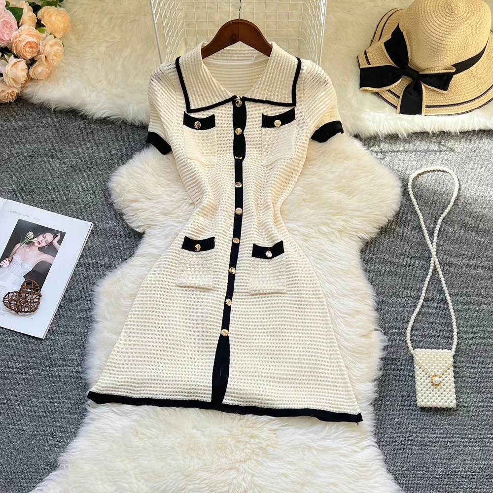 

YuooMuoo Chic Fashion Sexy Wrap Hips Knitted Summer Dress Women Elegant Turn-down Collar Transparent Bodycon Party Dress Vestido
