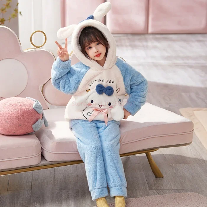 Anime Sanrio Hello Kitty Cinnamoroll Kuromi Children Winter Pajamas Cute My Melody Coral Velvet Warm Thickened Girl Pajamas Gift