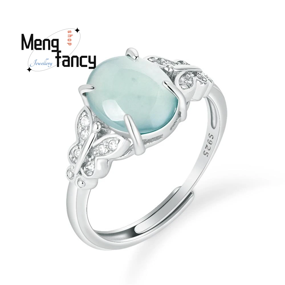 

S925 Silver Inlaid Natural A-goods Jadeite Blue Water Egg Surface Ice Jade Ring Fashion Simple Women's Adjustable High-grade