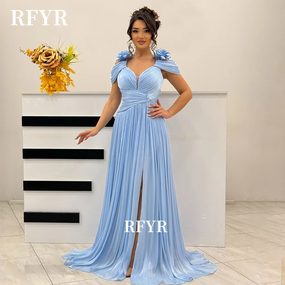 

RFYR فساتين السهرة Off Shoulder Chiffon Prom Dress 3D Flowers Pleats Princess Party Dress for Women Customized
