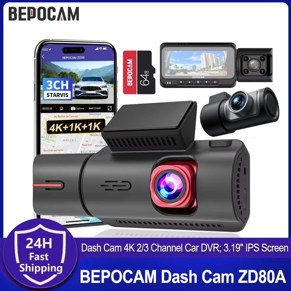 

BEPOCAM Dash Cam 4K 2/3 Channel Car Camera Built-in WiFi GPS 3.19" IPS Screen Night Vision DVR Video Recorder Parking Mode ZD80A