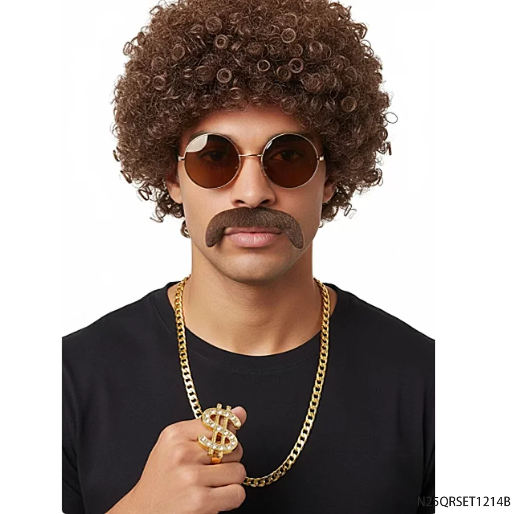 Zestaw kostiumowy w stylu retro hip hop z lat 90. - kręcona peruka, okulary przeciwsłoneczne, złoty łańcuszek, spinki do mankietów w kształcie dolarów, akcesoria imprezowe