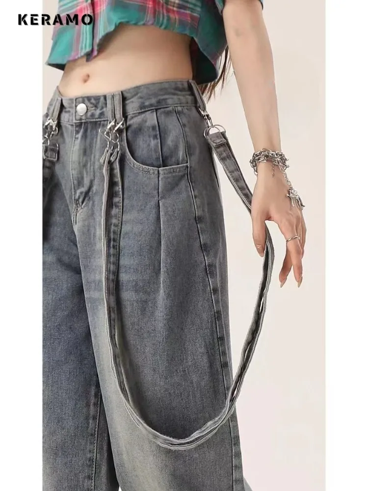 

Y2K Wide Leg Baggy 2000s Denim Trouser Women Fashion Vintage Casual Belted Design Pants Female High Street Retro Straight Jeans