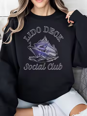 Cruise Ship Lido Deck Social Club Print Sweatshirt Christmas Women Casual Wear Travel Black Plus-Size