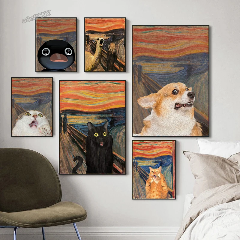 The Scream Edvard Munch Funny Art Posters Funny Screaming Cat Dog Canvas Painting Abstract Wall Art Pictures for Living Room