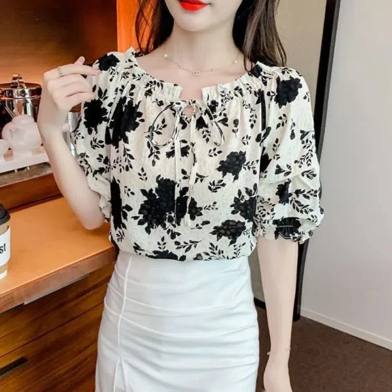 Temperament Floral Blouse Summer New Short Sleeve Lacing Drawstring Printing Loose Shirt Tops Fashion Elegant Women Clothing