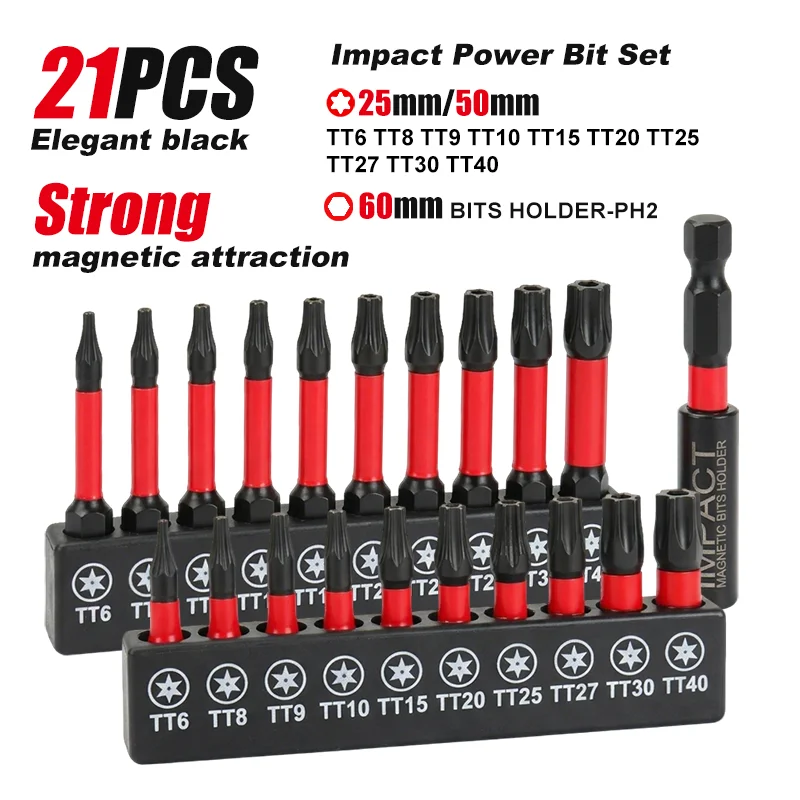 Juego de 21 Puntas Torx de Impacto, Juego de Puntas Magnéticas para Destornillador Hexagonal de 1/4" con Soporte TT6-TT40, Puntas de Acero S2 para Taladro Eléctrico