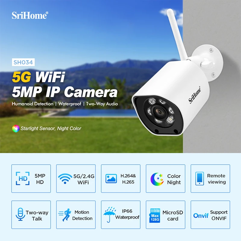 SriHome SH034 5MP IP Camera 2.4G+5G WiFi/PoE/Onvif Human Detection Audio Security Video Night Surveillance Camera HDR Len Cam