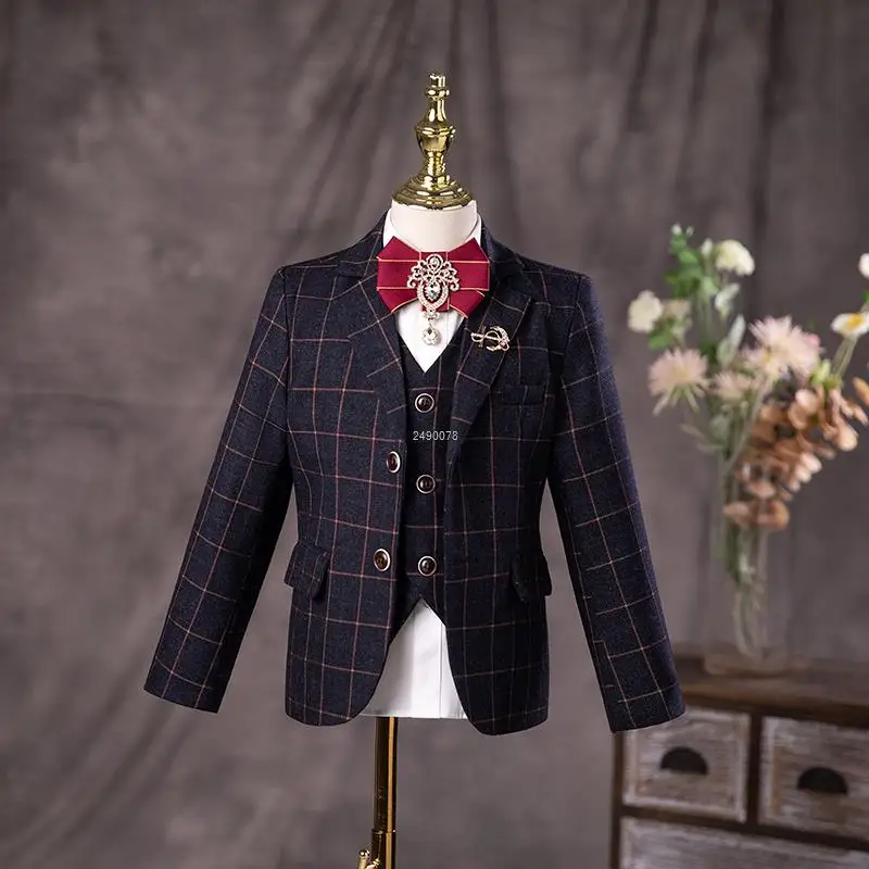 Kids Gentleman Jakcet Vest Pants 3PCS Photograph Dress Boys Luxurious Wedding Suit Children Teenagers Formal Stage Show Costume