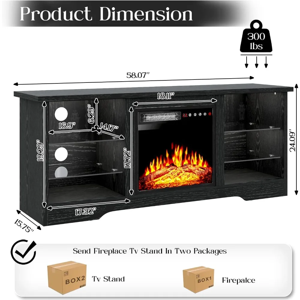 Suporte de TV com lareira elétrica para TVs de 65 polegadas, inserção de 18 polegadas, centro de entretenimento moderno com controle remoto
