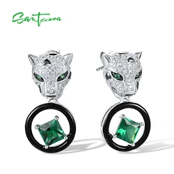 SANTUZZA Authentic 925 Sterling Silver Leopard Earrings For Women Green Spinel White CZ Dangling Cute Animal Enamel Fine Jewelry