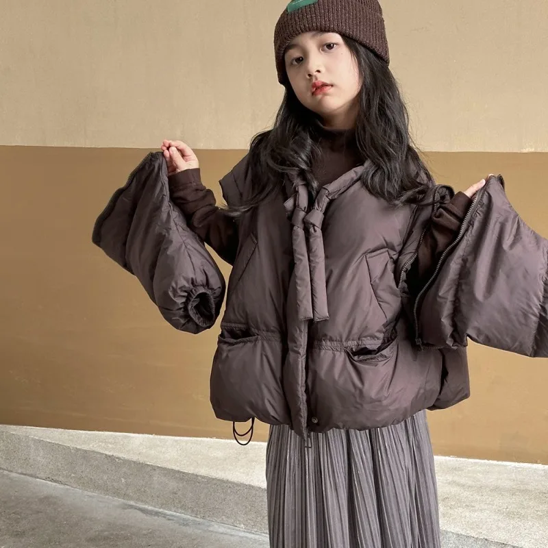 

Girls Removable Sleeves Down Cotton Clothes Winter Korean Version Thickened Warm Cotton Clothes Children's Loose Coat