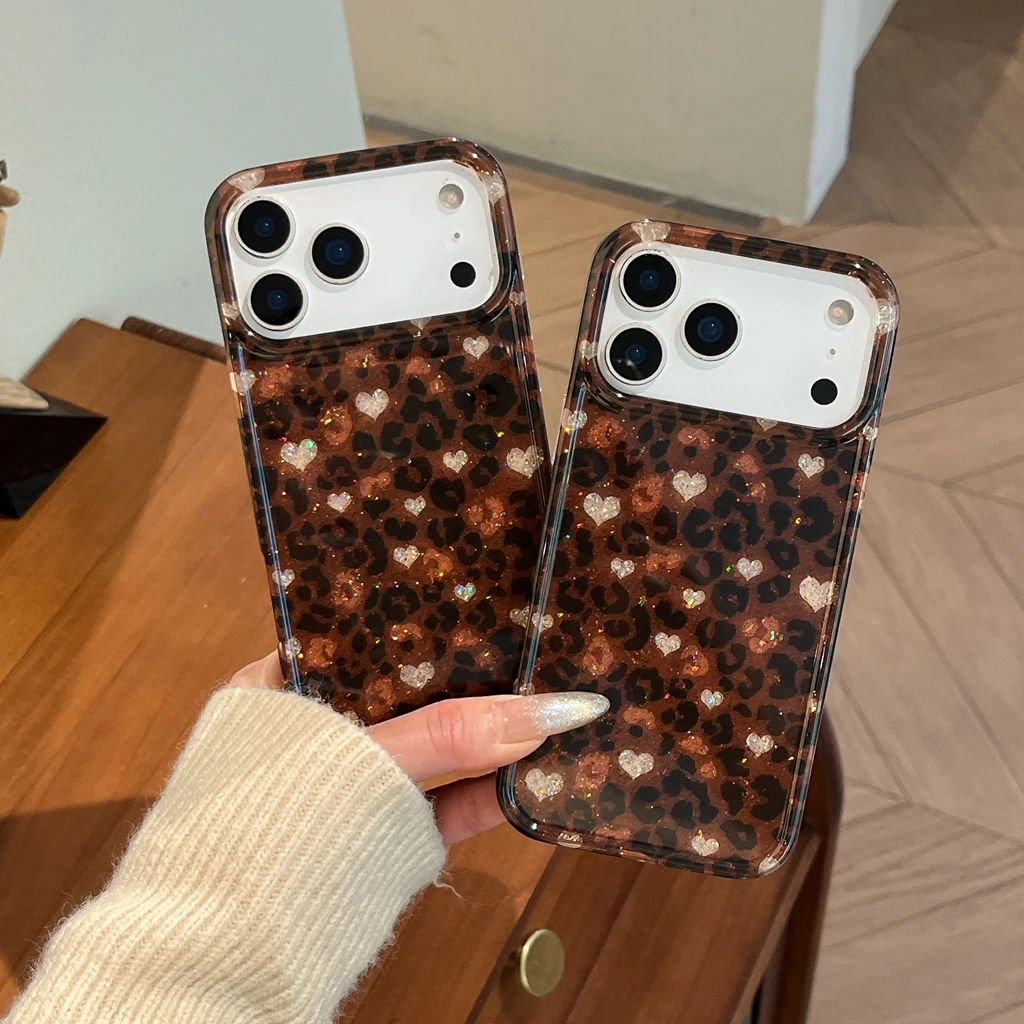 Brown Leopard Print Love Phone Case For Samsung Galaxy S26 S25 S24 S23 S22 S21 FE Ultra Plus 4G 5G Feather Texture Back Cover