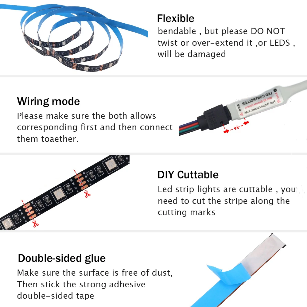 5V RGB LED Strip 5050 30LEDs/m Battery Operated Waterproof IR RF Remote Control TV Backlights 2835 60LEDs/m Flexible LED Tape