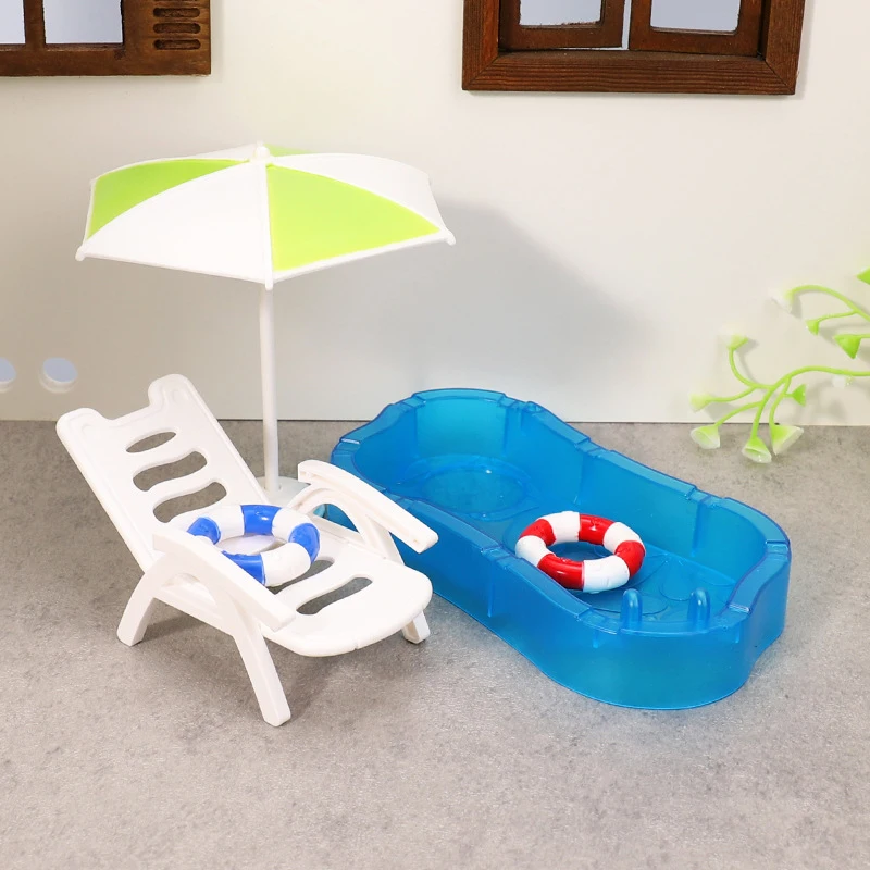 ✰✪1 Set Children Play Toys Doll House Cute Simulation Mini Swimming Pool Swimming Circle Beach Chair Kit Model DIY Decoration
