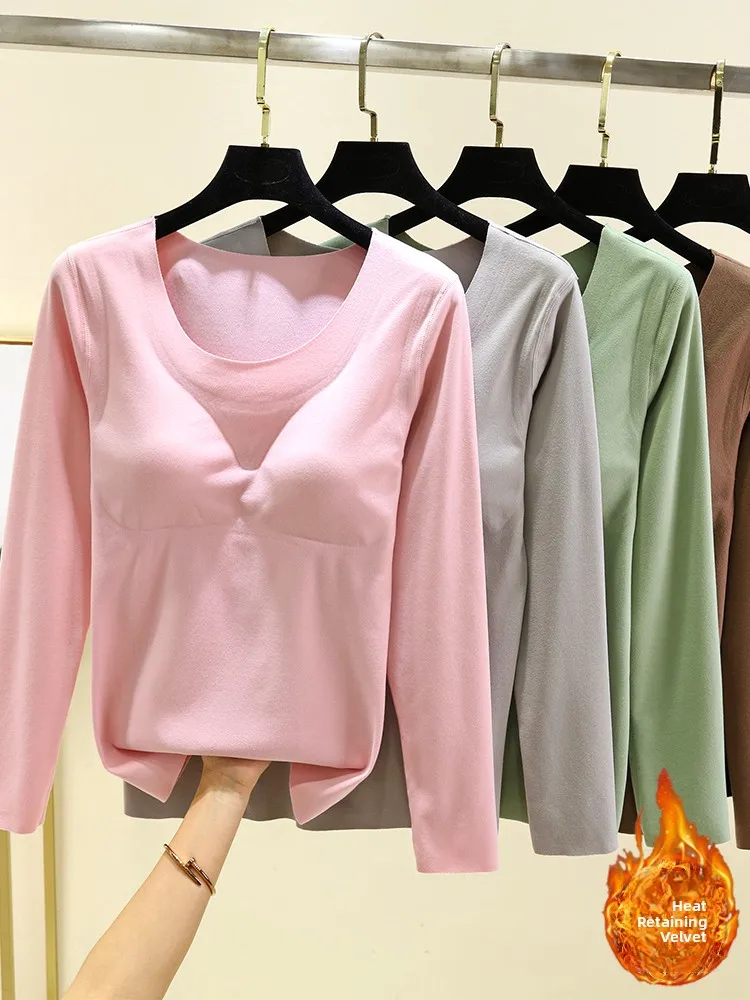 Thickened German Velvet Women's T-shirt round Neck Long Sleeve Inner Wear Fleece Lined Underwear Top for Autumn Winter
