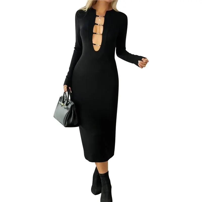 เดรสไหมพรมแขนยาวทรงเข้ารูป คอวีเว้า  ความยาวปานกลาง เหมาะสำหรับงานแต่งงาน  งานเลี้ยง  หรือใส่ลำลองในฤดูใบไม้ร่วง สำหรับผู้หญิง