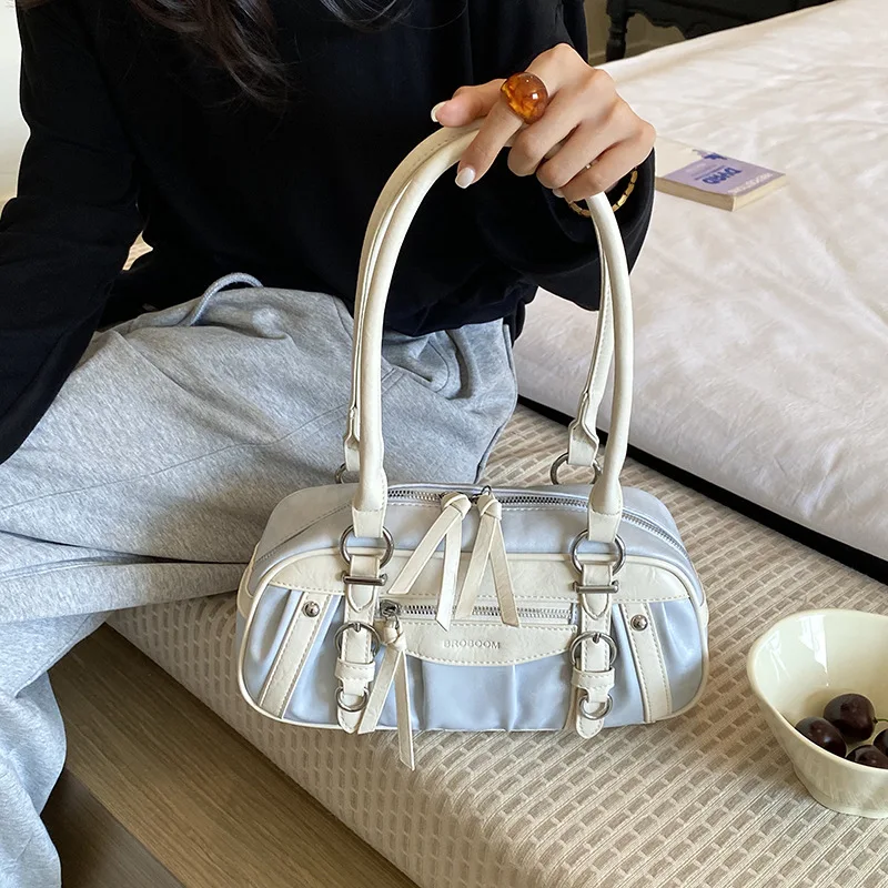 Korean Color Block Tote Bag Multi Zipper Design Vintage Underarm Shoulder Bag Large Capacity Daily Commute Handbag For Women