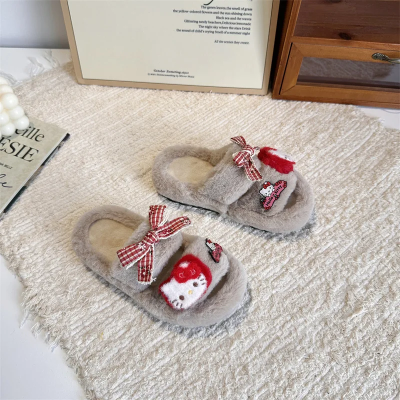 أطفال النعال أحذية منزلية الكرتون مرحبا كيتي المفتوحة تو أحذية الشتاء للفتيات الدافئة المضادة للانزلاق الدافئة البيج حذاء أسود حجم 26-37 #4