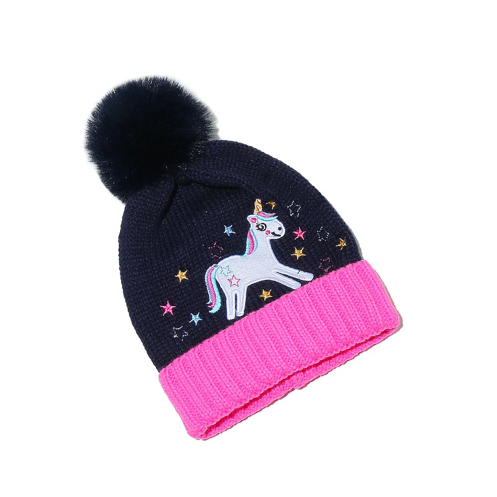 2-8T Baby Hat Big Pompom Beanie with Unicorn Wool Plush Children Knitted Cap for Girls Boys Winter Thick Warm Kids Accessories