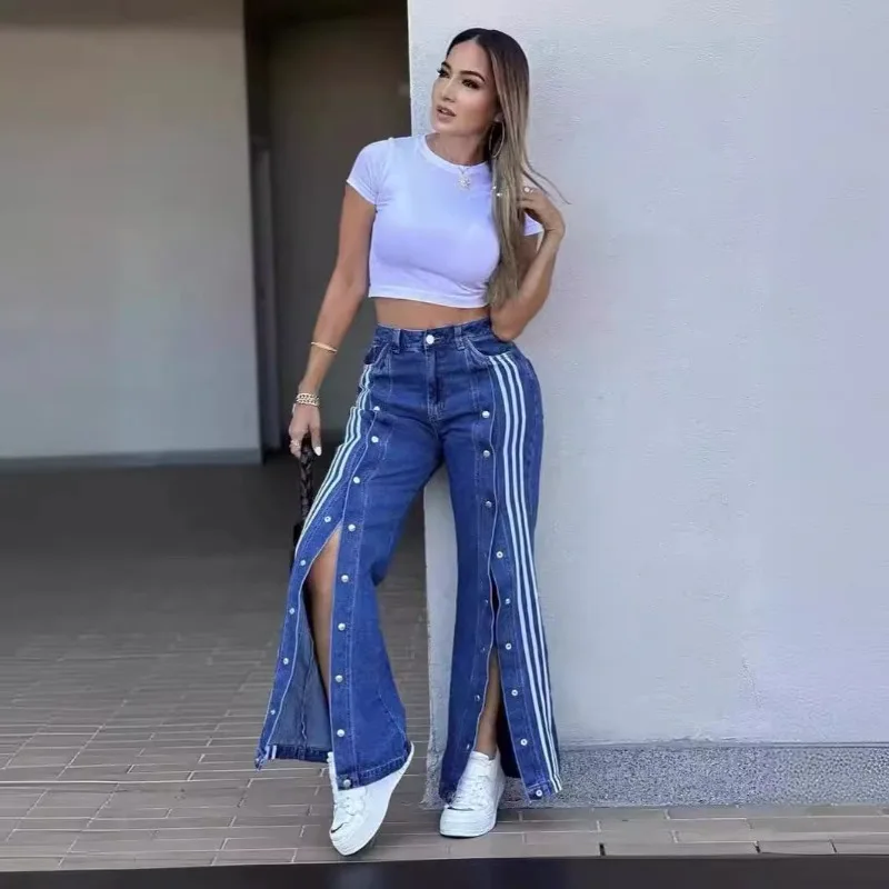 

Streetwear Women Denim Pants High Wasit Button Stitching Jeans 2024 Autumn New Popular Trousers Stretchy Straight Capris