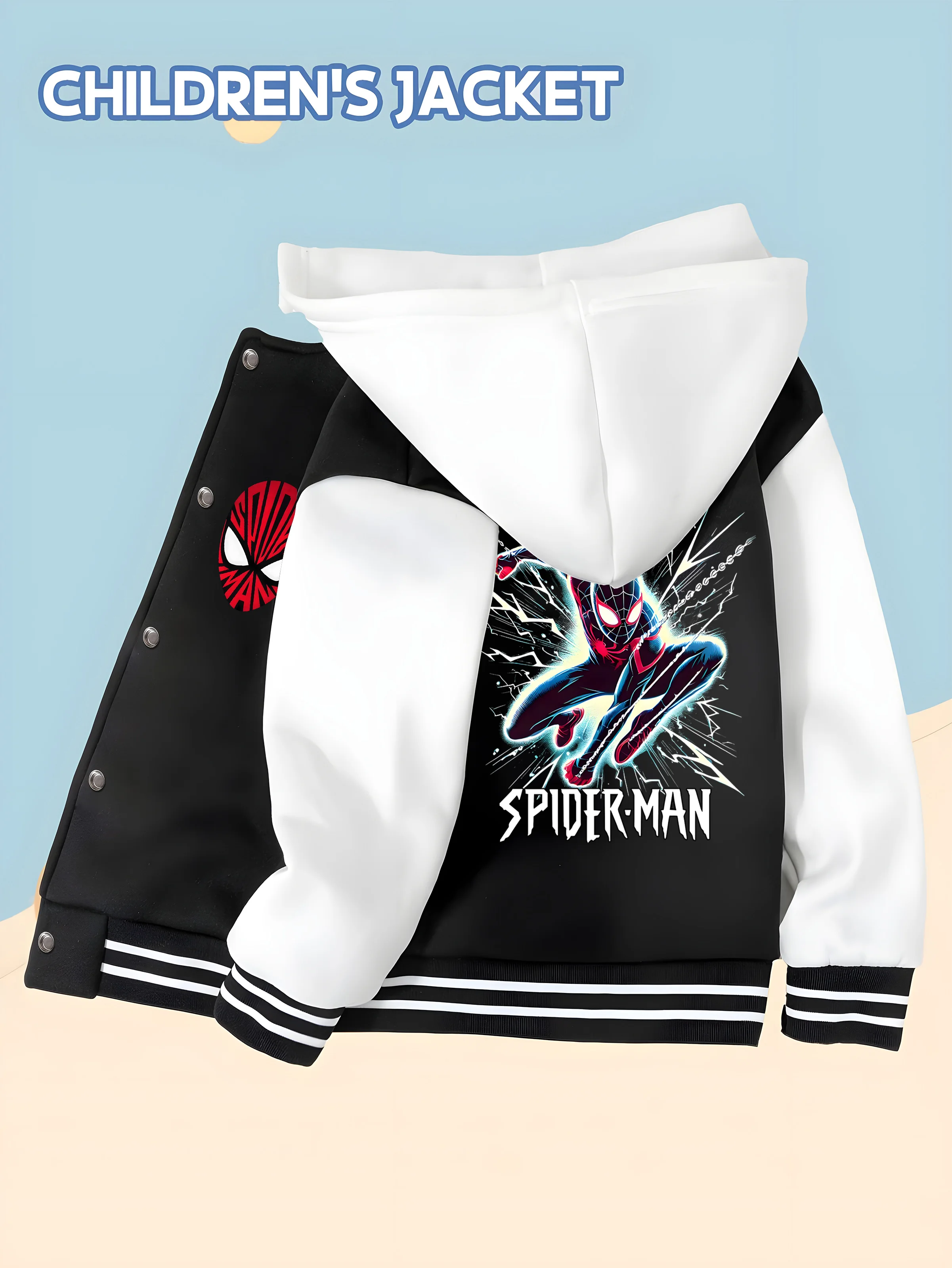 

MINISO Marvel Boys Baseball Jacket - Spider-Man Lightning Combat Pose Soft fabric, everyday wear, trendy