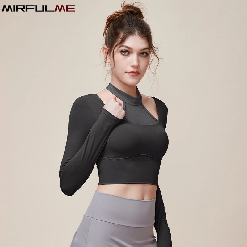 

Women Slim Yoga Shirts Long Sleeves Sport Underwear Mesh O-Neck Running Shirt Padded Workout Sweatshirts Elastic Gym Fitness Top