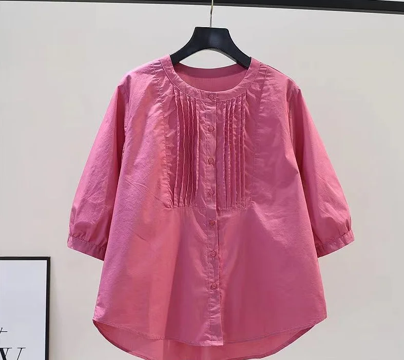 Shirt Women's Summer Design Sense Pleated Round Neck Seven Quarter Sleeve Simple Casual Versatile Shirt