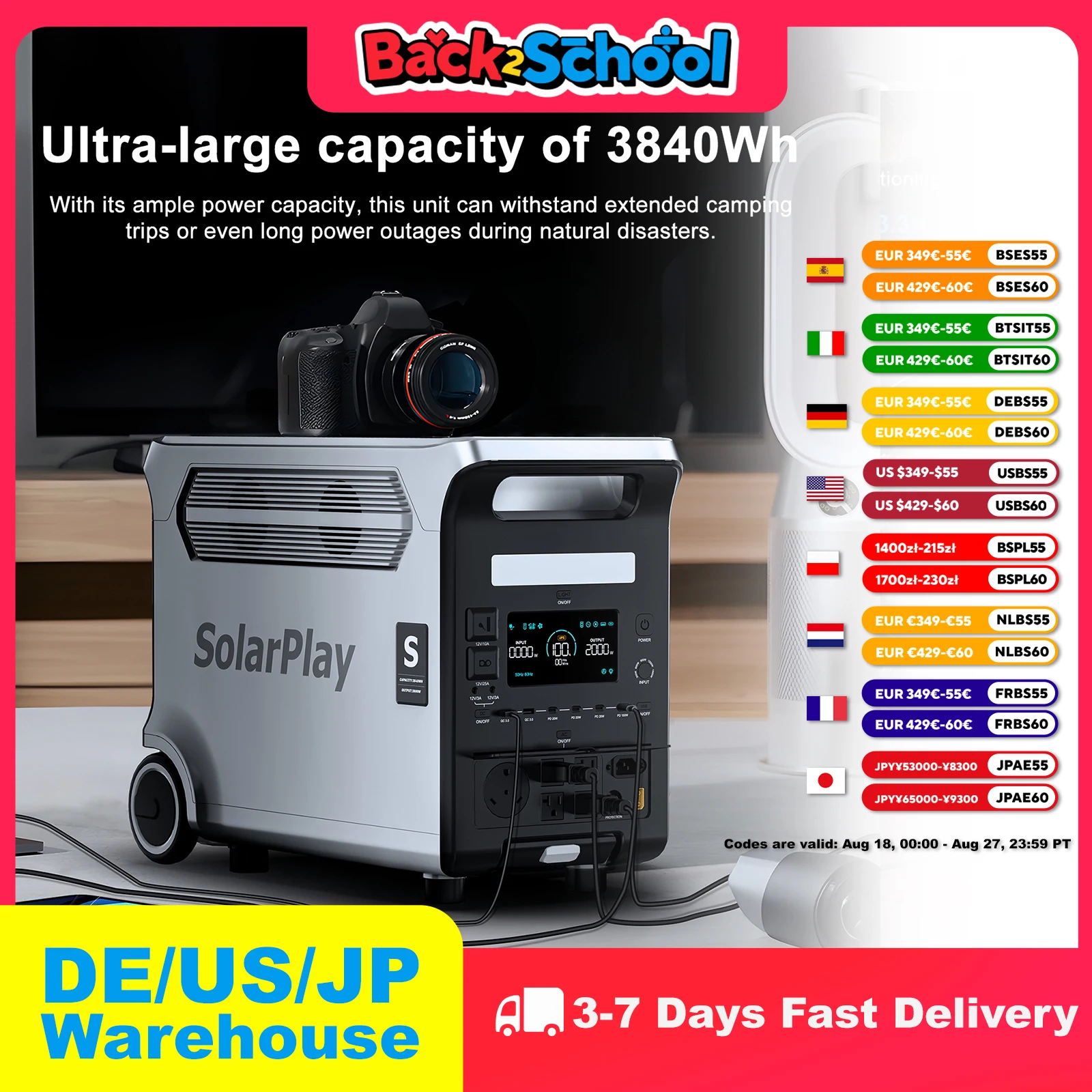 

SOLARPLAY 3600W 3840Wh Electric Power Station Q3600 Lifepo4 External Battery 220v Charging Energy Storage UPS for Home Outdoor