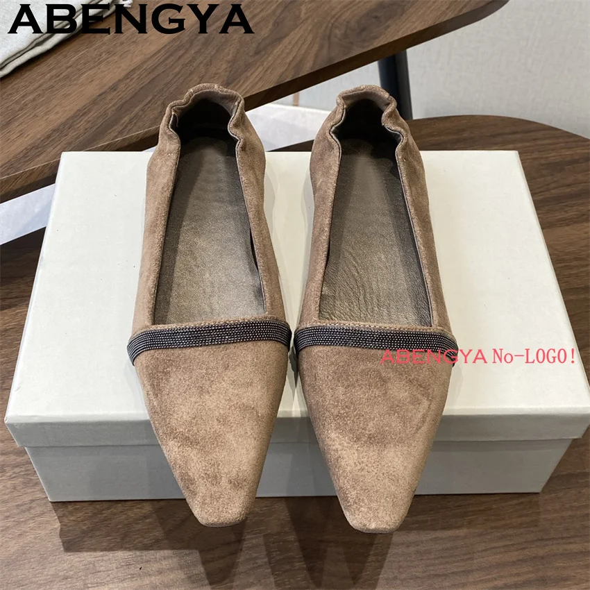 

ABENGYA New Suede Leather Shallow Mouth Flat Shoes Women Summer Pointy Toe Low Heels Walking Shoes Woman Fashion Grandma's Shoes