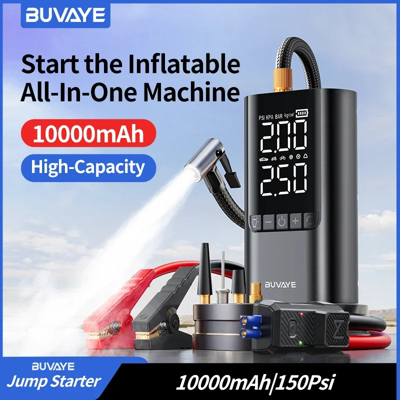 Arrancador de Baterías BUVAYE de 10000mAh y 12V con Compresor de Aire de 150PSI, Inflador de Neumáticos Portátil para Vehículos