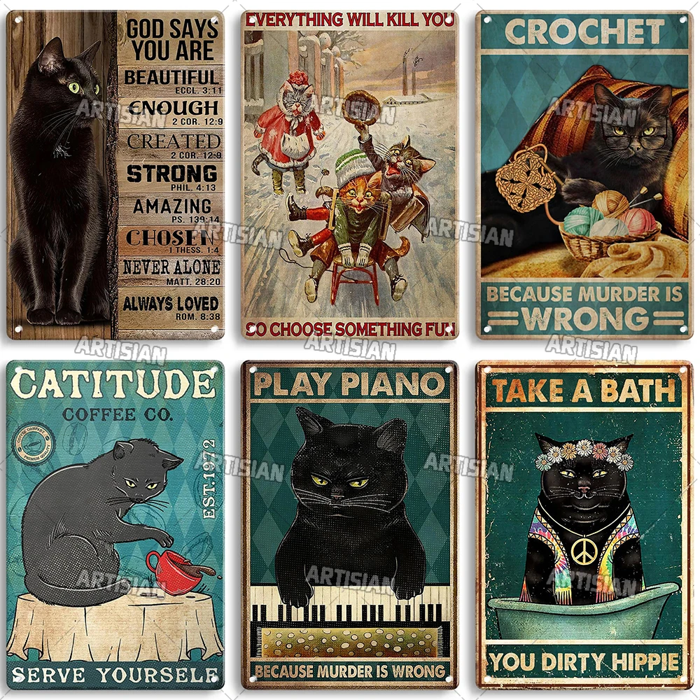 Artisian Black Cat Metal Poster Pet Tin Plate Moggy Decorative Sign Wall Decor Garage Bar Pub Club Hotel Cafe Kitchen Home — zdjęcie 3